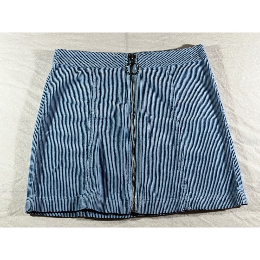 Forever 21 Blue Corduroy Mini Skirt Zip Front O-Ring Size Small A-Line Retro 90s